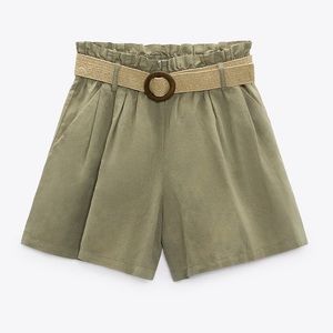Zara Green Linen Blend Paperbag Shorts